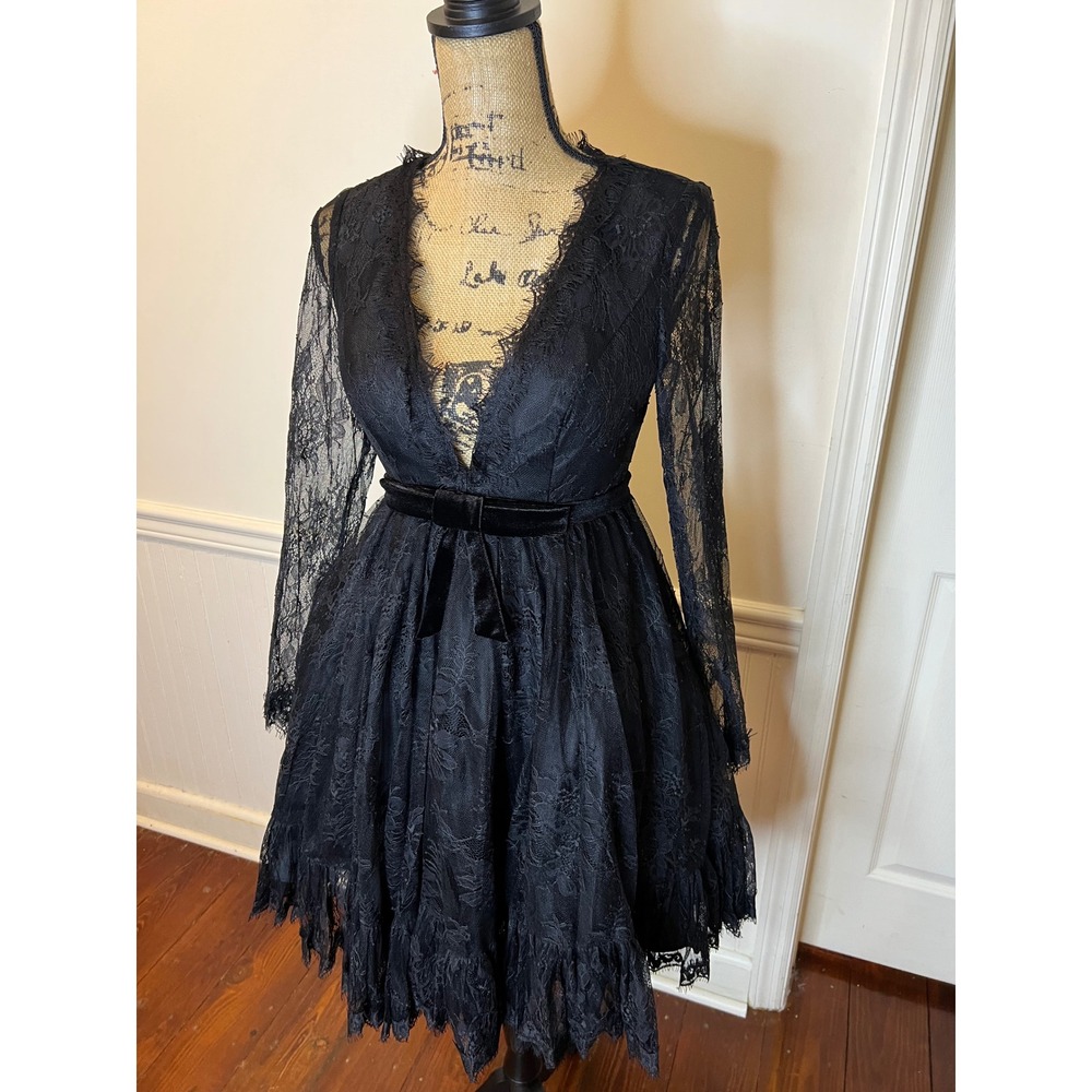 Mac Duggal 49794‎ size 2 black long sleeve lace babydoll dress - Picture 5 of 11